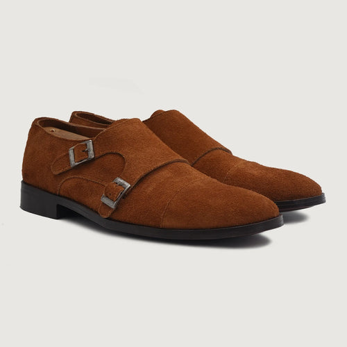 Boston Double Monk Strap Brown Suede Leather Shoes For Men in Brown Goatskin Suede - Lateral Side Profile View | Buy Online