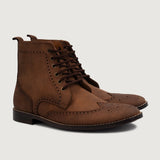 Men's Duster Brogues Derby Oil Pull-up Brown Leather Boots in Brown Full-Grain Leather - Front Profile View & Tailored Silhouette | Buy Online