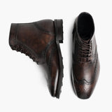 Wingtip Dark Oak Leather Boots For Men - Reinforced Heel Counter & Precision Double-Row Stitching Detail