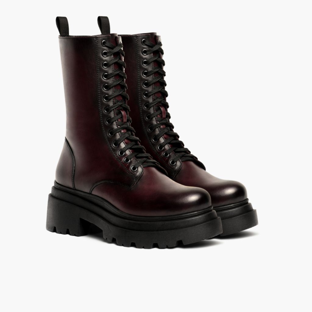 Fatale Black Cherry Leather Boots in Black Full-Grain Leather - Lateral Side Profile View | Buy Online