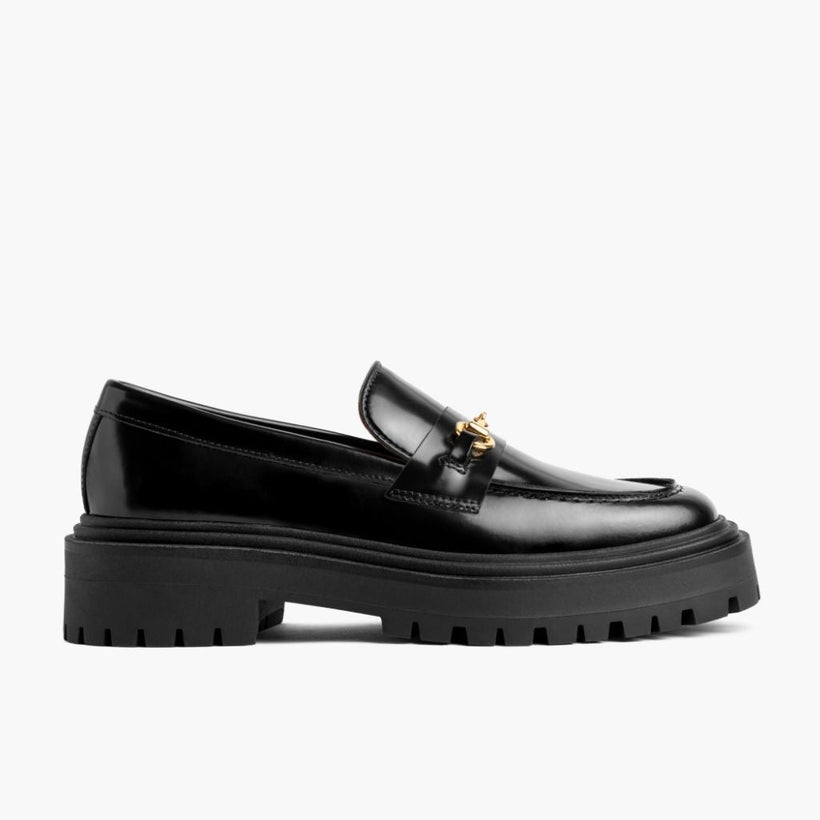 Penny Platform Black & Gold Leather Loafers