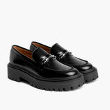 Women's Penny Platform Black & Silver Leather Loafers in Black Full-Grain Leather - Lateral Side Profile View | Buy Online