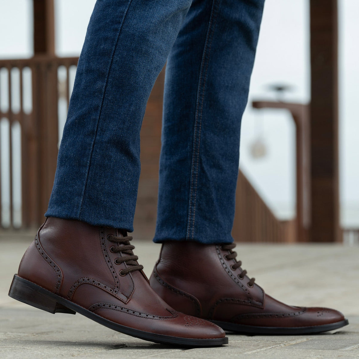 Tailored Rib Cuffs & Hem Craftsmanship Construction Detail on Duster Brogues Derby Brown Burnished Leather Boots - StudGuard