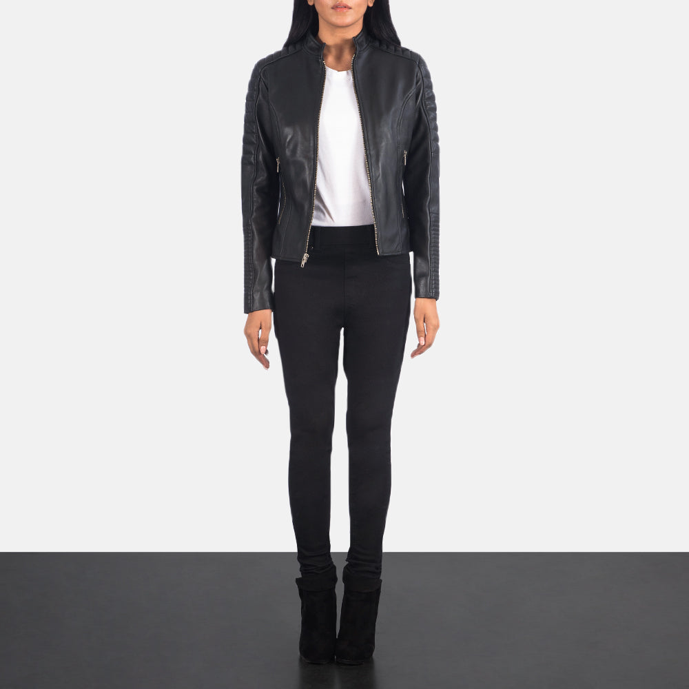 Women's Adalyn Quilted Black Leather Biker Jacket - Lateral Side Profile View Showing Sleeve Cut &amp; Athletic Taper Fit
