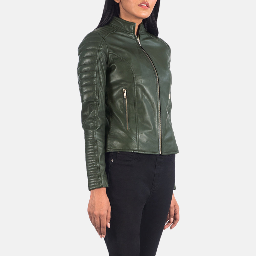 
Green Sheepskin Leather Biker Jacket - Back View Showing Tailored Shoulder Fit & Clean Hemline