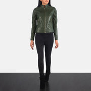 
Women's Adalyn Quilted Green Leather Biker Jacket - Lateral Side Profile View Showing Sleeve Cut & Athletic Taper Fit