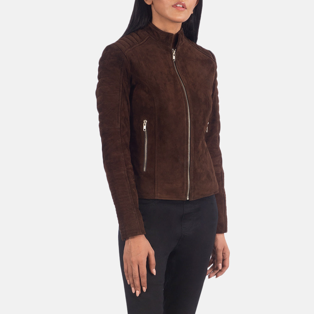 Mocha Brown Goatskin Suede Biker Jacket - Back View Showing Tailored Shoulder Fit &amp; Clean Hemline