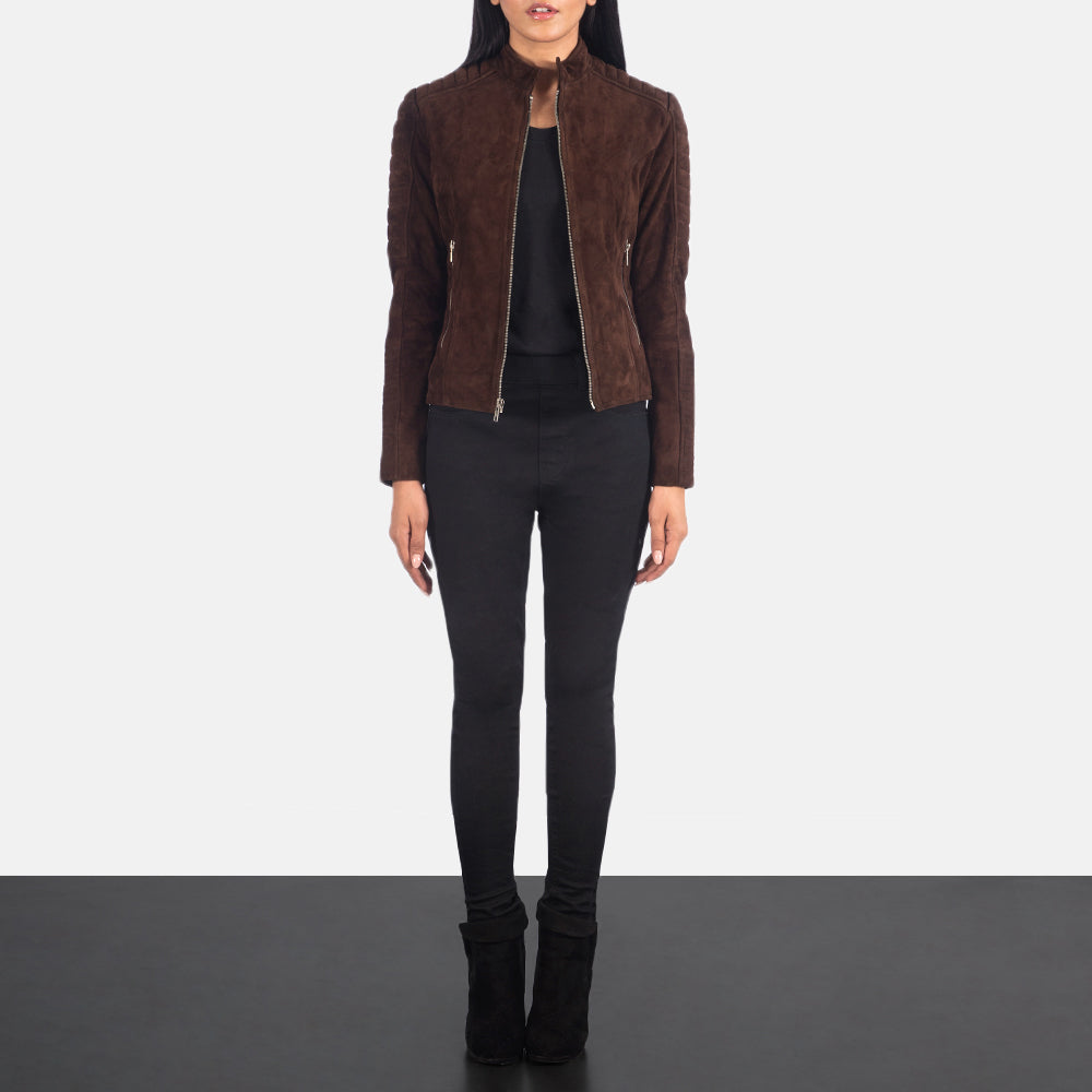 Close-Up Detail of Band &amp; Zipper Hardware on Women's Adalyn Quilted Mocha Suede Biker Jacket