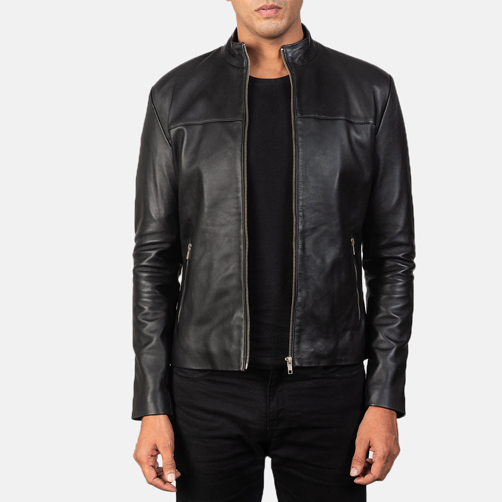 Men's Adornica Black Leather Biker Jacket in Black Sheepskin Leather - Front Profile View &amp; Tailored Silhouette | Buy Online
