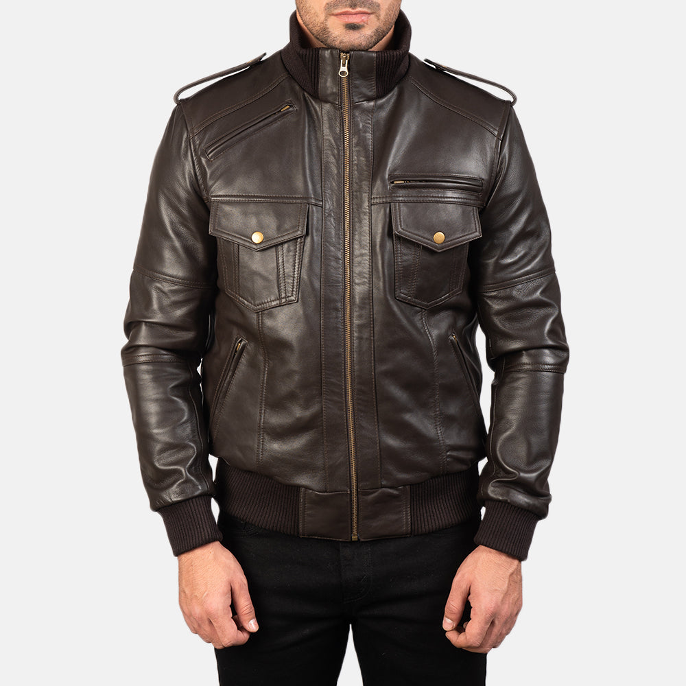 Close-Up Detail of High neck &amp; Zipper Hardware on Men's Agent Shadow Brown Leather Bomber Jacket