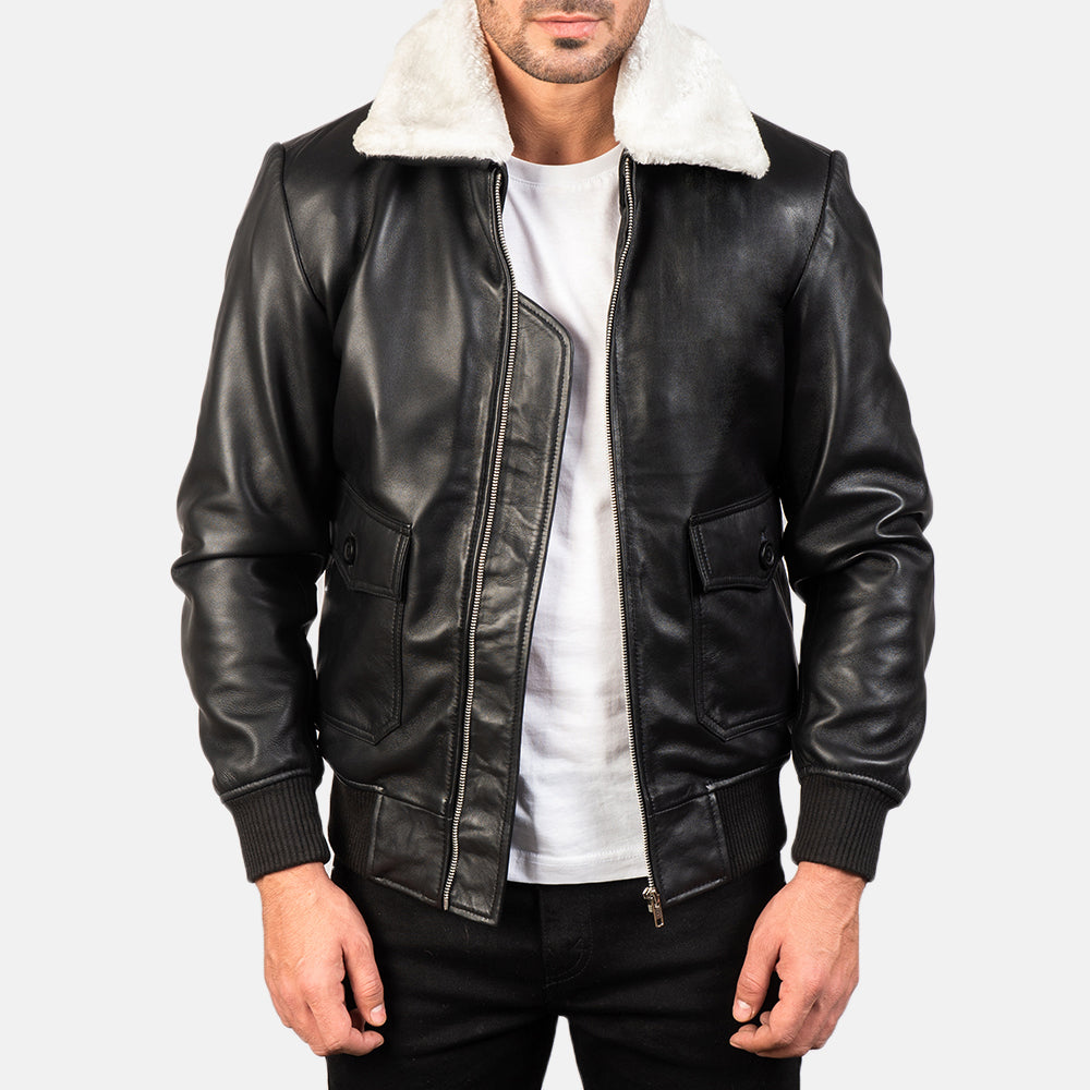 
Men's Airin G-1 Black & White Leather Bomber Jacket in Black Sheepskin Leather - Front Profile View & Tailored Silhouette | Buy Online