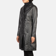 
Women's Alexis Black Single Breasted Leather Coat - Lateral Side Profile View Showing Sleeve Cut & Athletic Taper Fit