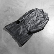 
Styled Fit Perspective of Women's Alexis Black Single Breasted Leather Coat on Model - Natural Daylight Drape