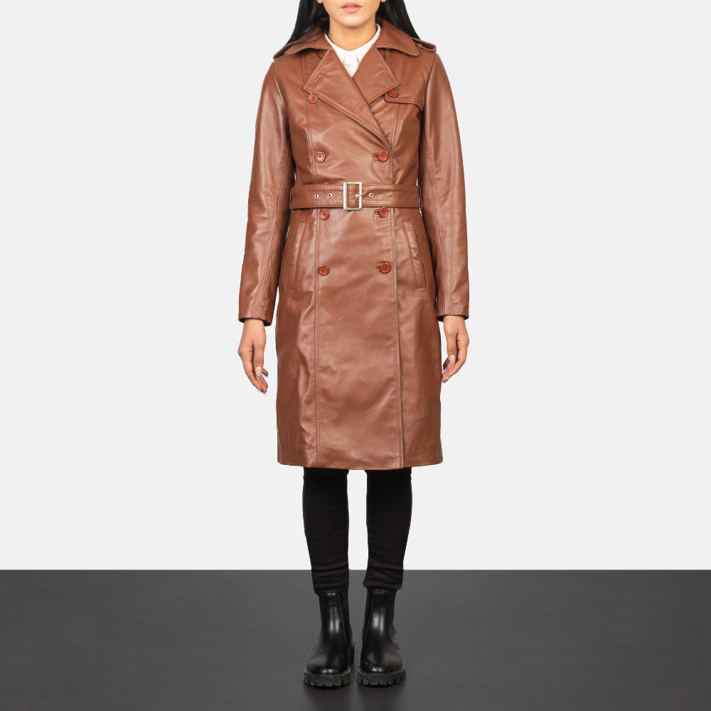 Women's Alice Brown Double Breasted Leather Coat in Black Cowhide Leather - Front Profile View &amp; Tailored Silhouette | Buy Online