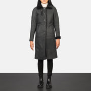 
Women's Alina Shearling Black Leather Coat in Distressed Black Sheepskin Leather - Front Profile View & Tailored Silhouette | Buy Online
