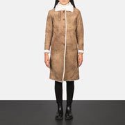 
Women's Alina Shearling Brown Leather Coat - Lateral Side Profile View Showing Sleeve Cut & Athletic Taper Fit