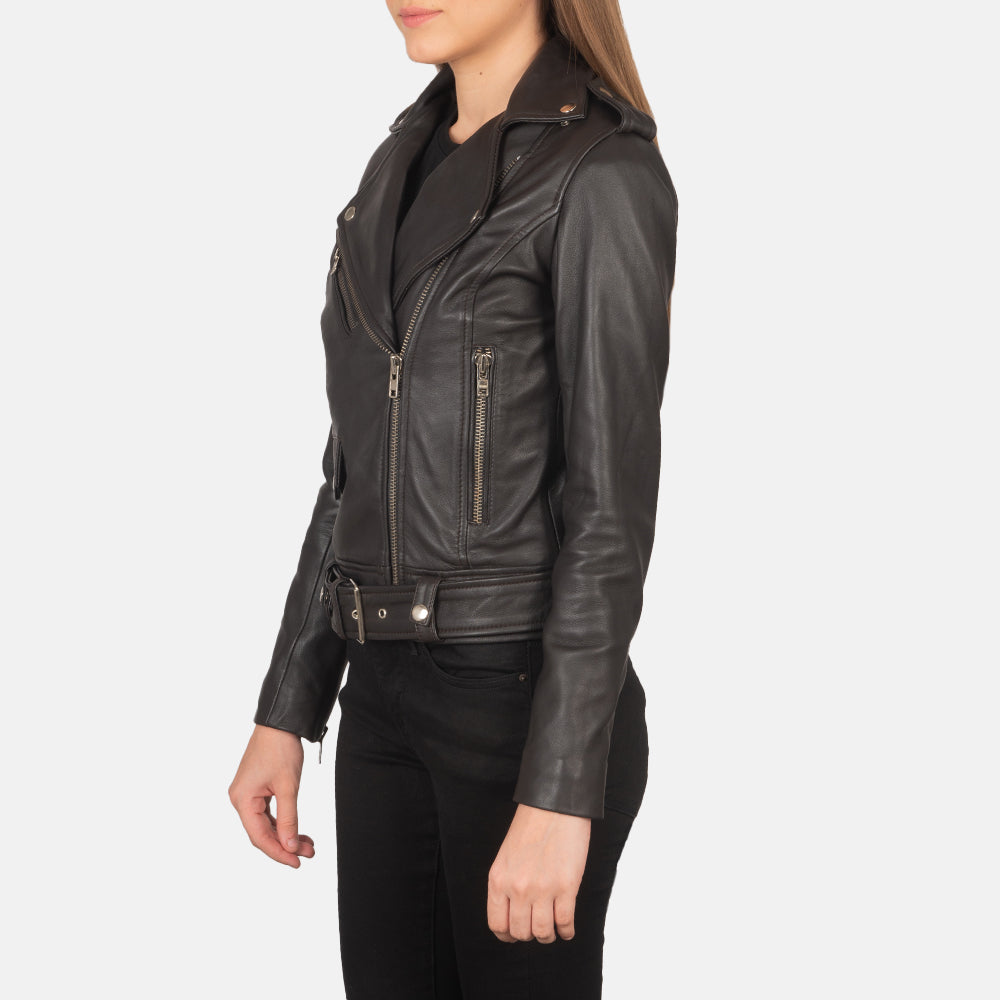 
Brown Sheepskin Leather Biker Jacket - Back View Showing Tailored Shoulder Fit & Clean Hemline
