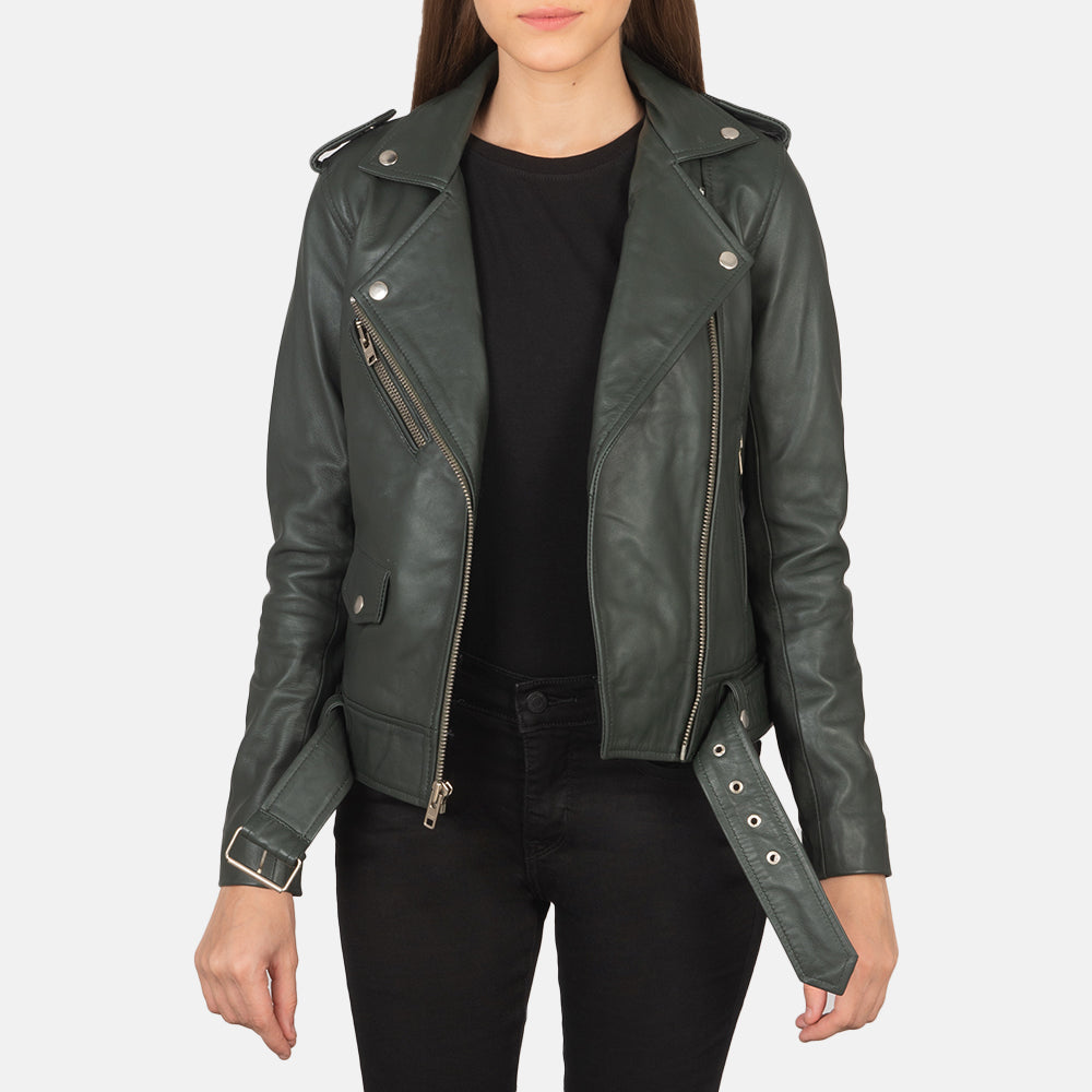 Women's Alison Green Leather Biker Jacket in Green Sheepskin Leather - Front Profile View &amp; Tailored Silhouette | Buy Online