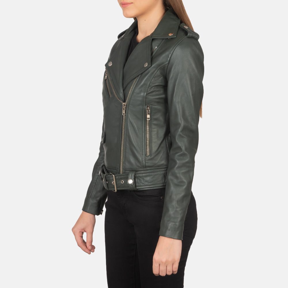 Green Sheepskin Leather Biker Jacket - Back View Showing Tailored Shoulder Fit &amp; Clean Hemline
