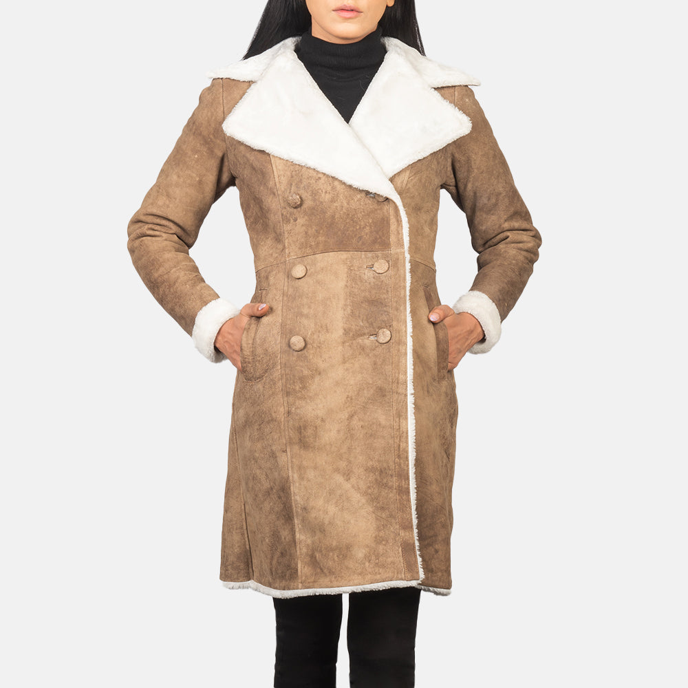 
Women's Amie Distressed Brown Double Breasted Shearling Coat - Lateral Side Profile View Showing Sleeve Cut & Athletic Taper Fit