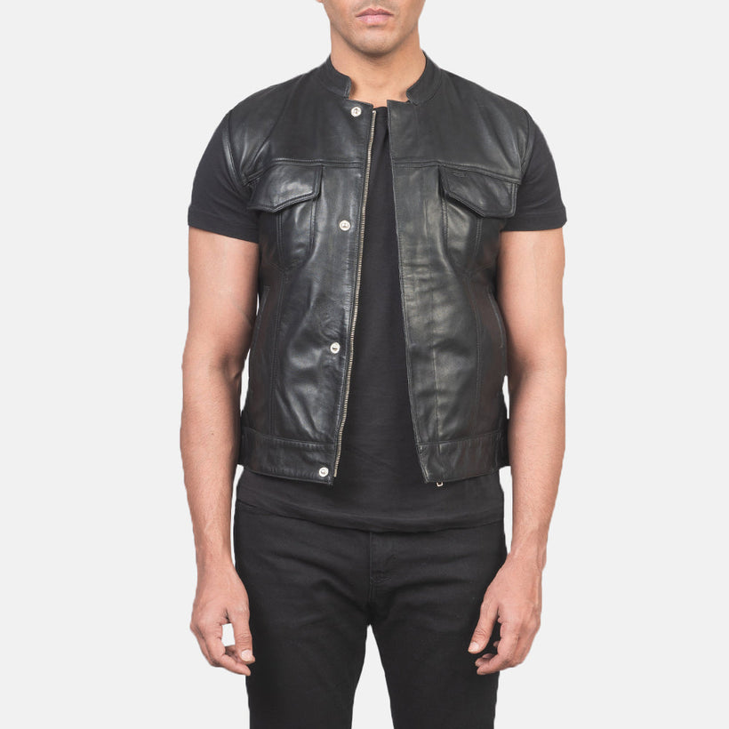 Men's Atlas Moto Black Leather Vest in Black Sheepskin Leather - Front Profile View & Tailored Silhouette | Buy Online
