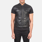 
Close-Up Detail of Band & Zipper with Button Flap Hardware on Men's Atlas Moto Black Leather Vest