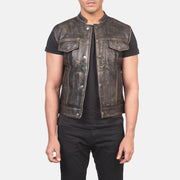 
Men's Atlas Moto Distressed Brown Leather Vest in Distressed Brown Sheepskin Leather - Front Profile View & Tailored Silhouette | Buy Online