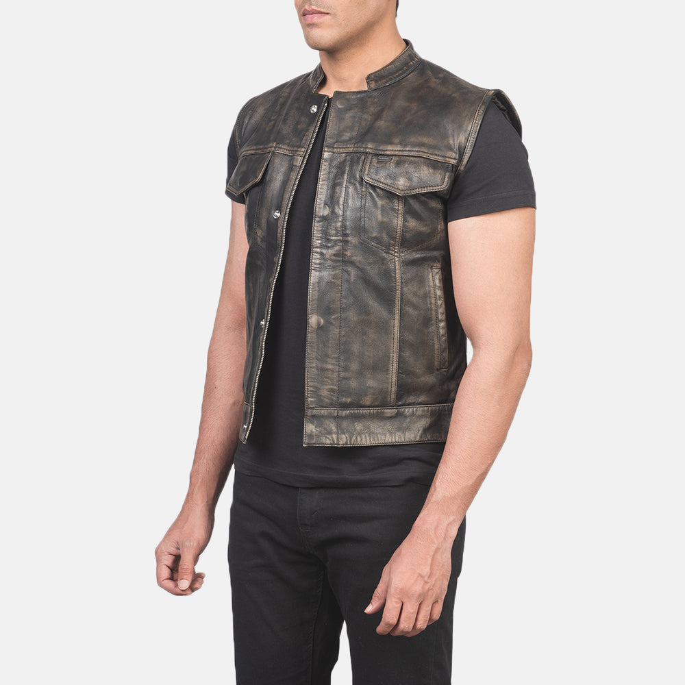 
Distressed Brown Sheepskin Leather Biker Jacket - Back View Showing Tailored Shoulder Fit & Clean Hemline