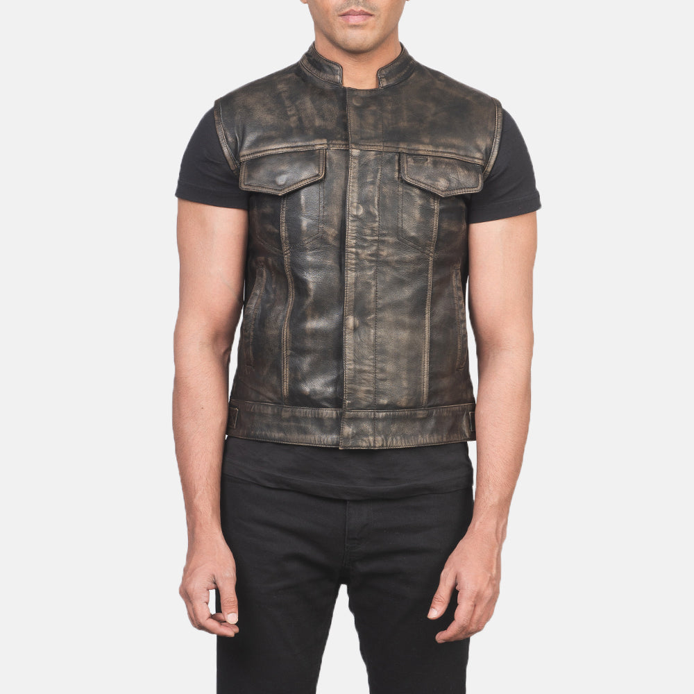 
Close-Up Detail of Band & Zipper with Button Flap Hardware on Men's Atlas Moto Distressed Brown Leather Vest
