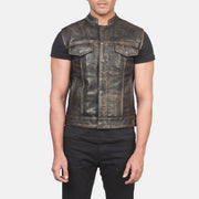 
Close-Up Detail of Band & Zipper with Button Flap Hardware on Men's Atlas Moto Distressed Brown Leather Vest
