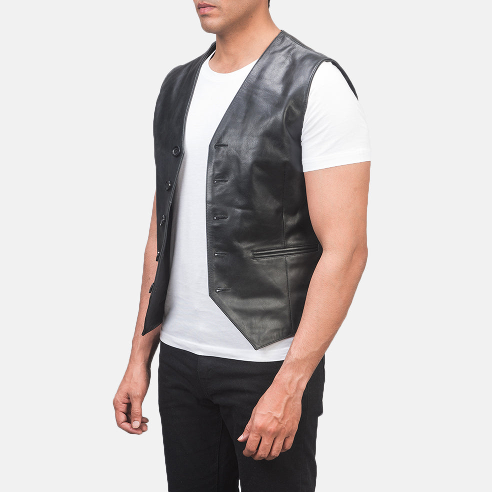 Black Cowhide leather Vest - Back View Showing Tailored Shoulder Fit &amp; Clean Hemline