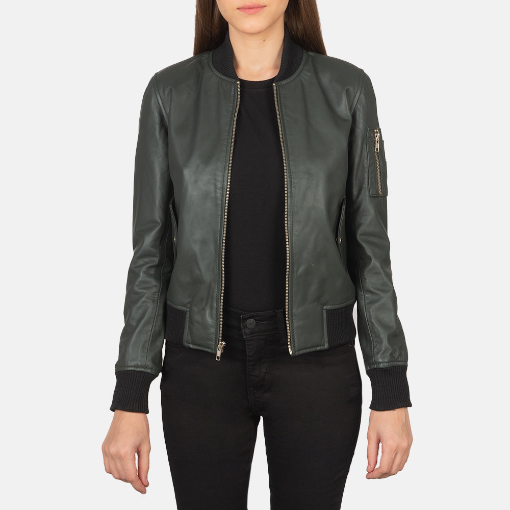 Ava Ma-1 Green Leather Bomber Jacket in Green Sheepskin Leather - Front Profile View &amp; Tailored Silhouette | Buy Online