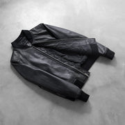 
Styled Fit Perspective of Women's Bliss Black Leather Bomber Jacket on Model - Natural Daylight Drape