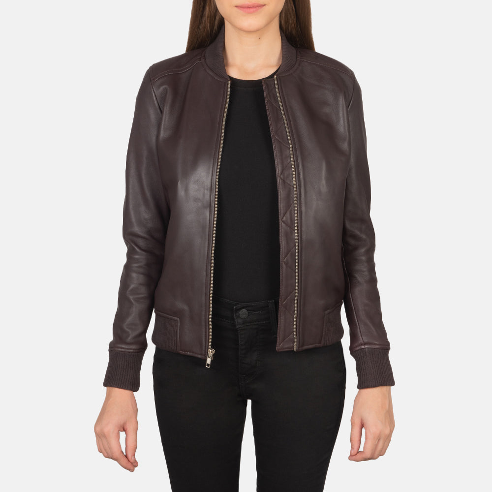 Women's Bliss Maroon Leather Bomber Jacket in Maroon Sheepskin Leather - Front Profile View &amp; Tailored Silhouette | Buy Online