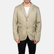 Close-Up Detail of Notch &amp; Button Hardware on Borges Beige Blazer
