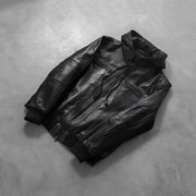 
Rib knit & Hem Craftsmanship Construction Detail on Men's Bouncer Biz Black Leather Hooded Bomber Jacket