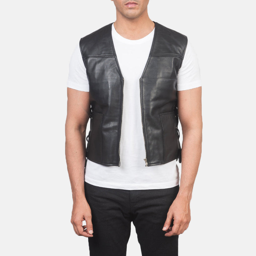 Men's Brandon Black Leather Vest in Black Sheepskin Leather - Front Profile View & Tailored Silhouette | Buy Online