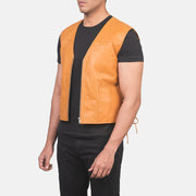 Tan Brown Sheepskin leather Vest - Back View Showing Tailored Shoulder Fit &amp; Clean Hemline