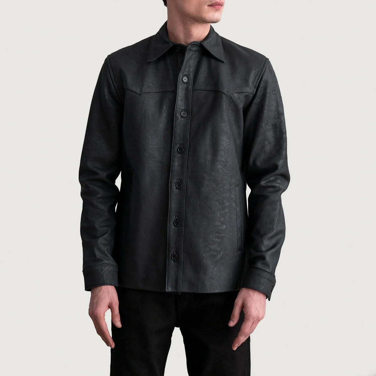 
Bronco Tumbled Black Leather Shirt - Lateral Side Profile View Showing Sleeve Cut & Athletic Taper Fit