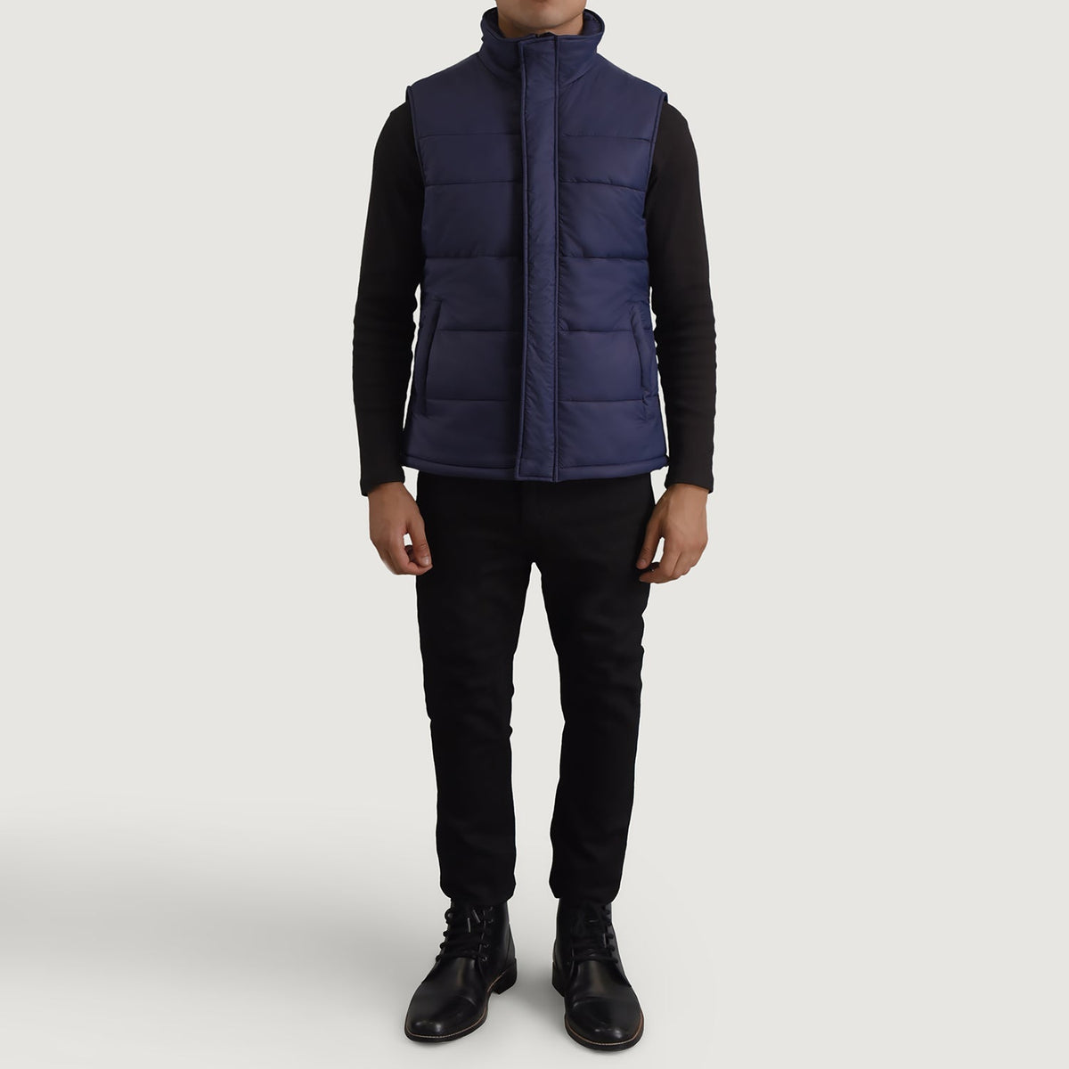 Bryan Blue Puffer Vest - Lateral Side Profile View Showing Sleeve Cut &amp; Athletic Taper Fit