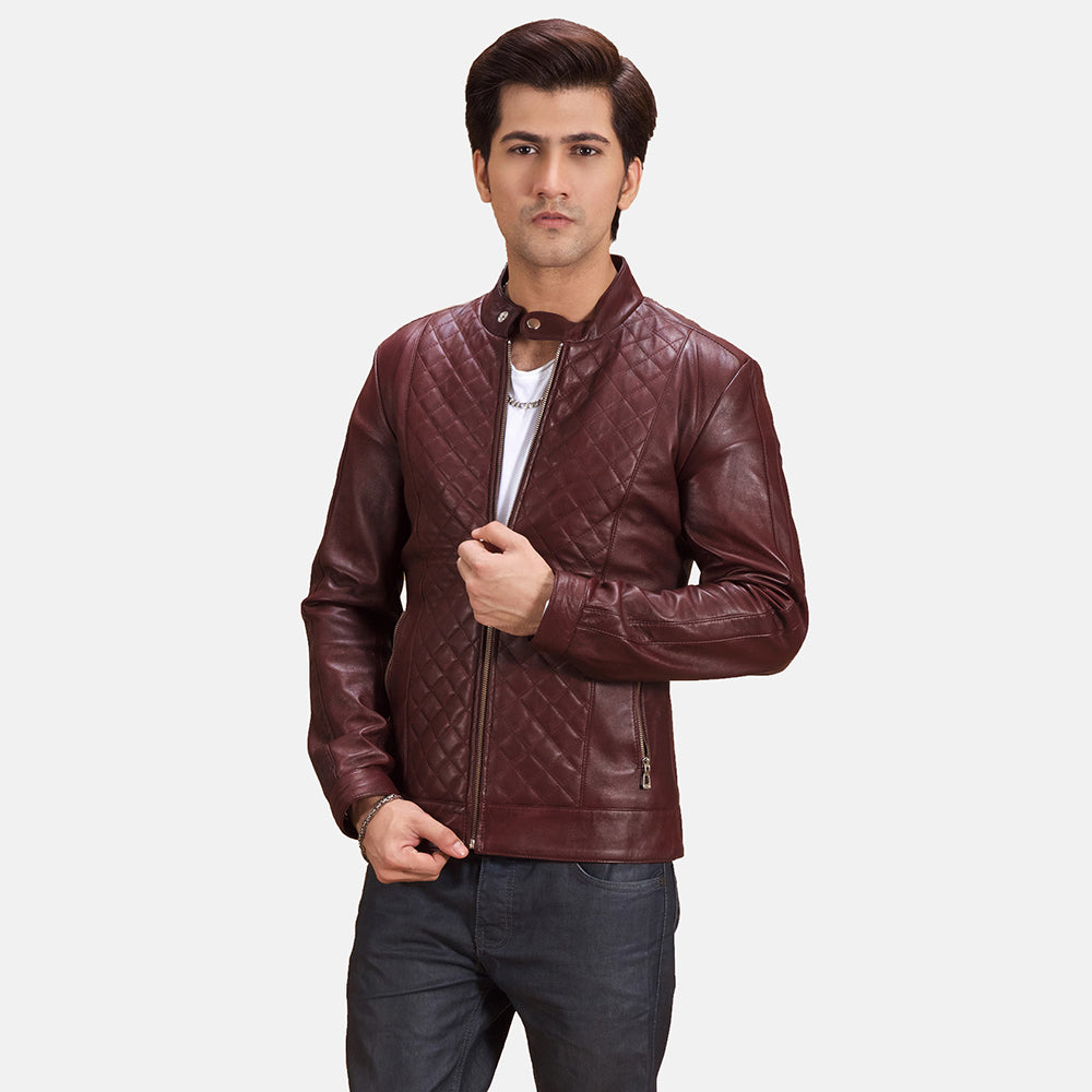 
Burgunn Dee Maroon Leather Biker Jacket in Maroon Sheepskin Leather - Front Profile View & Tailored Silhouette | Buy Online