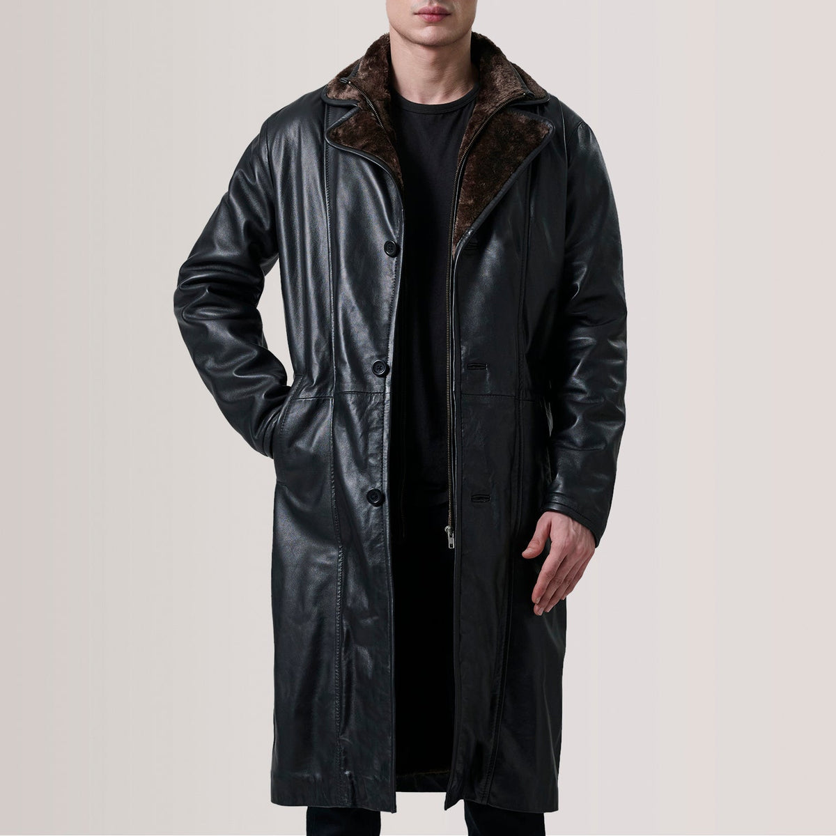 Cai Black Leather Shearling Coat For Men in Black Sheepskin Leather - Front Profile View & Tailored Silhouette | Buy Online