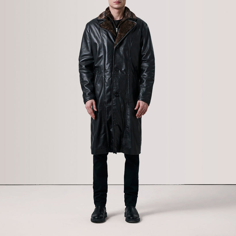 Cai Black Leather Shearling Coat