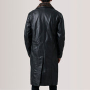 Close-Up Detail of Notch &amp; Button Hardware on Cai Black Leather Shearling Coat For Men