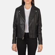 Women's Carolyn Quilted Black Biker Jacket in Black Goatskin Leather - Front Profile View &amp; Tailored Silhouette | Buy Online