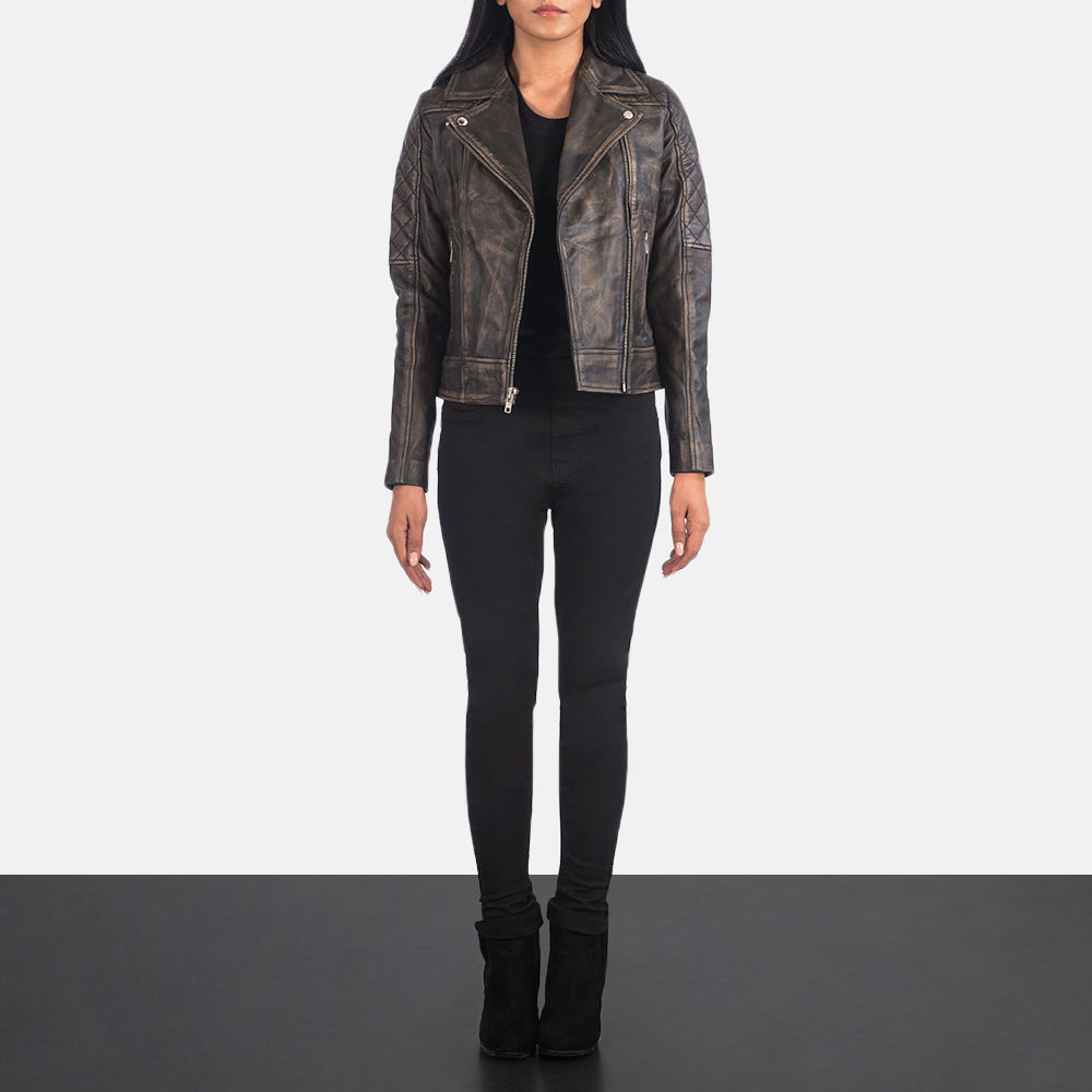 
Women's Carolyn Quilted Distressed Brown Biker Jacket - Lateral Side Profile View Showing Sleeve Cut & Athletic Taper Fit