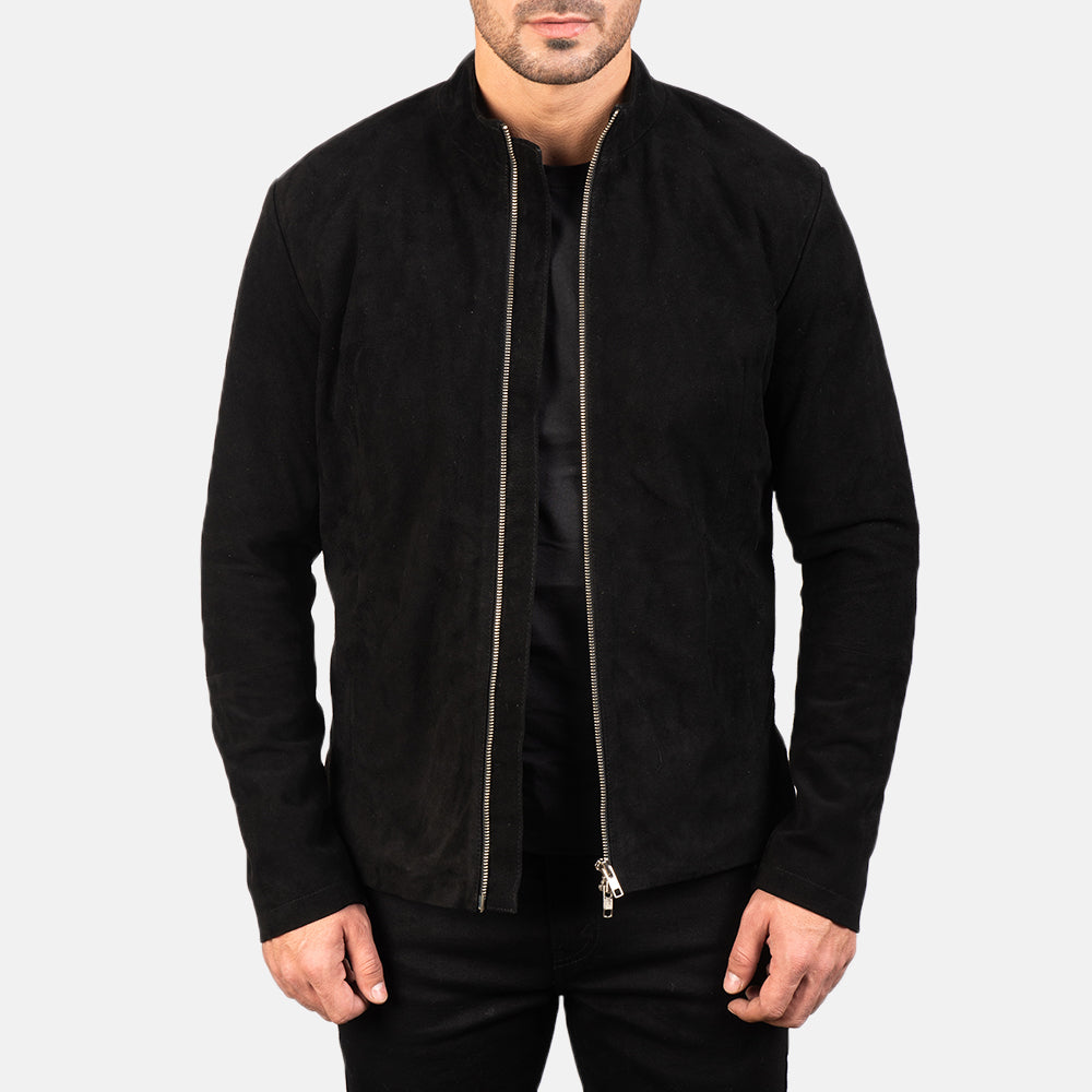 Men's Charcoal Black Suede Biker Jacket in Black Goatskin Suede - Front Profile View &amp; Tailored Silhouette | Buy Online