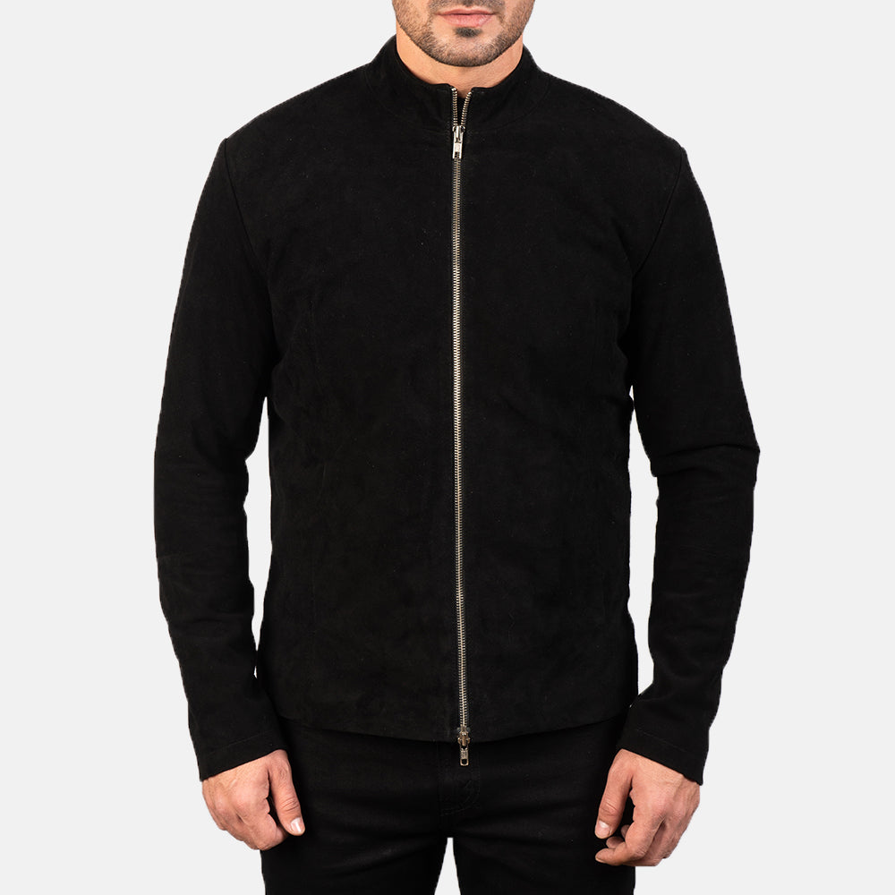 Close-Up Detail of Mandarin &amp; Zipper with Dual Puller Hardware on Men's Charcoal Black Suede Biker Jacket
