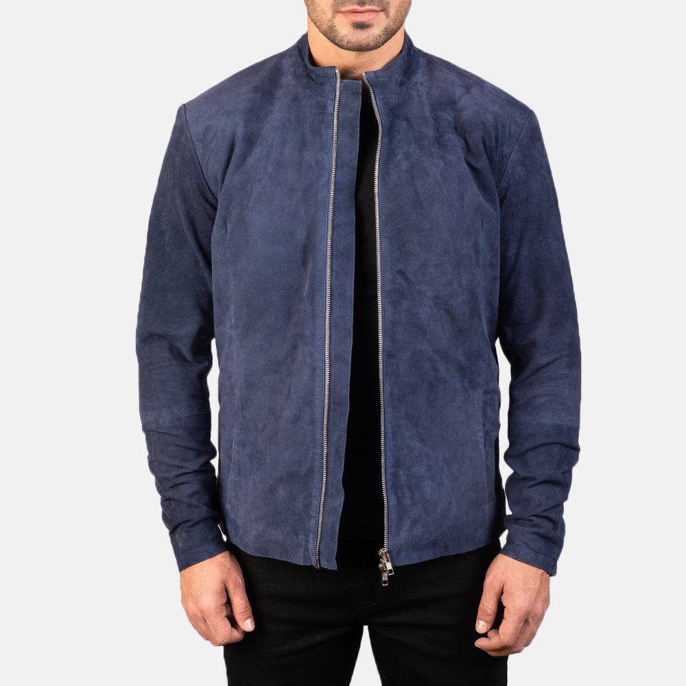 Men's Charcoal Navy Blue Suede Biker Jacket in Navy Blue Goatskin Suede - Front Profile View &amp; Tailored Silhouette | Buy Online