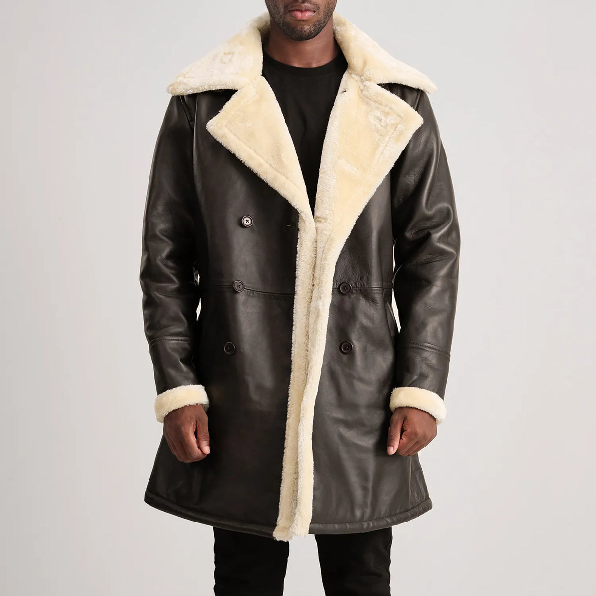 
Tailored Rib Cuffs & Hem Craftsmanship Construction Detail on Charles Brown Suede Leather Shearling Double-Breasted Coat